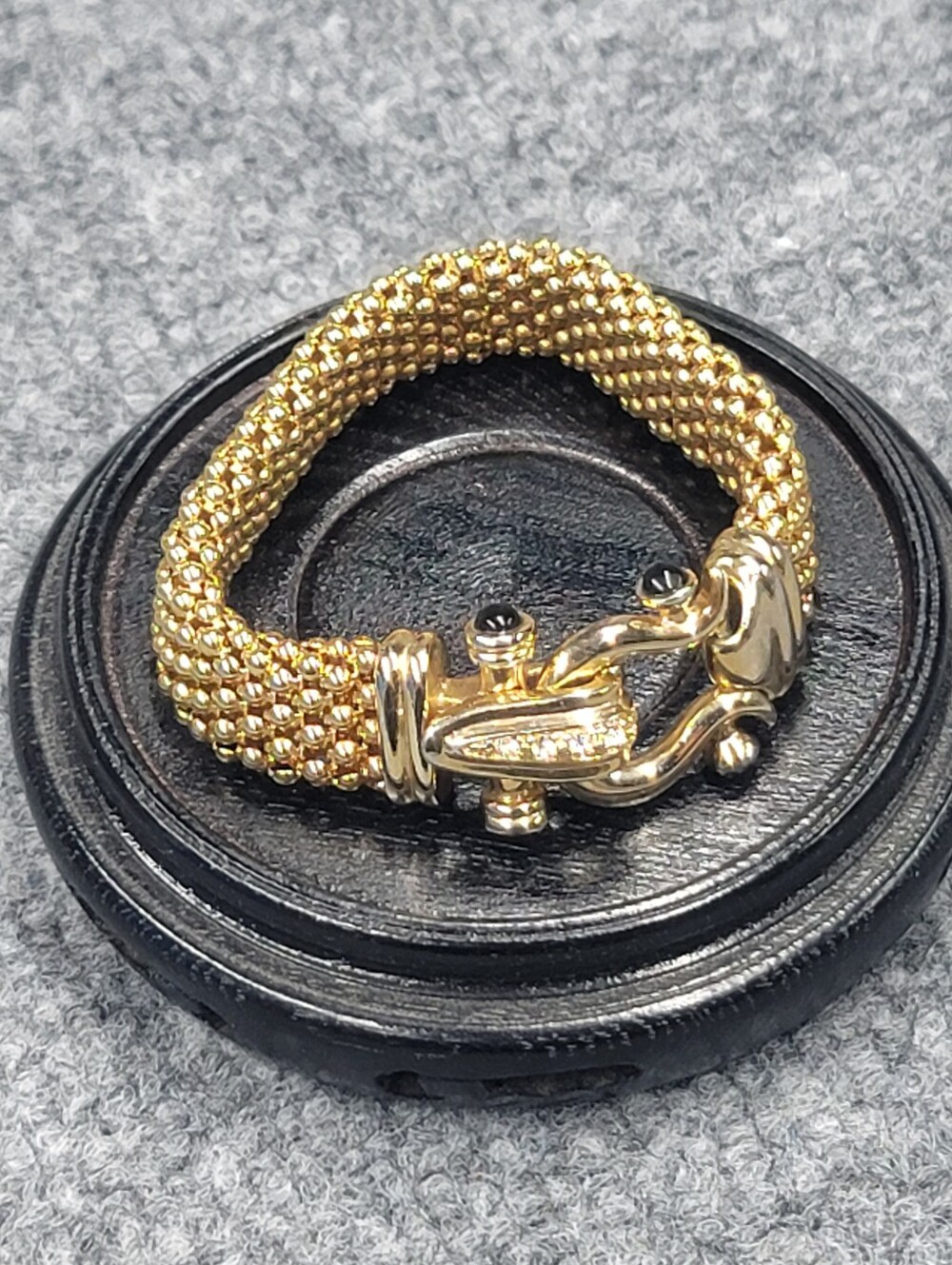 Vintage Mesh Band Horse Bit Style Gold, Diamond & Onyx Costume Jewelry Bracelet